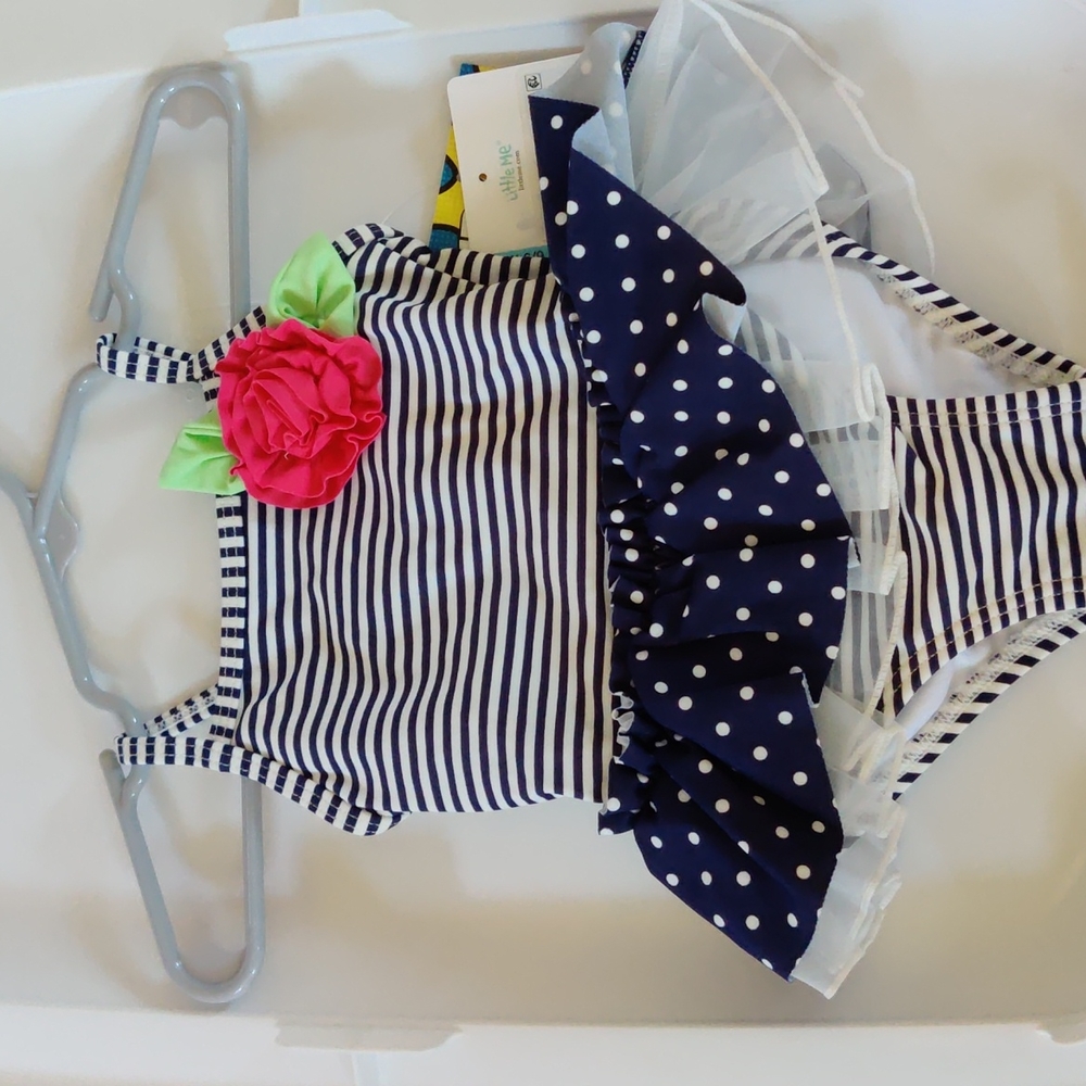 Little me, 6-9 months bathing suit, infant girls, stripe, polka dots, flower